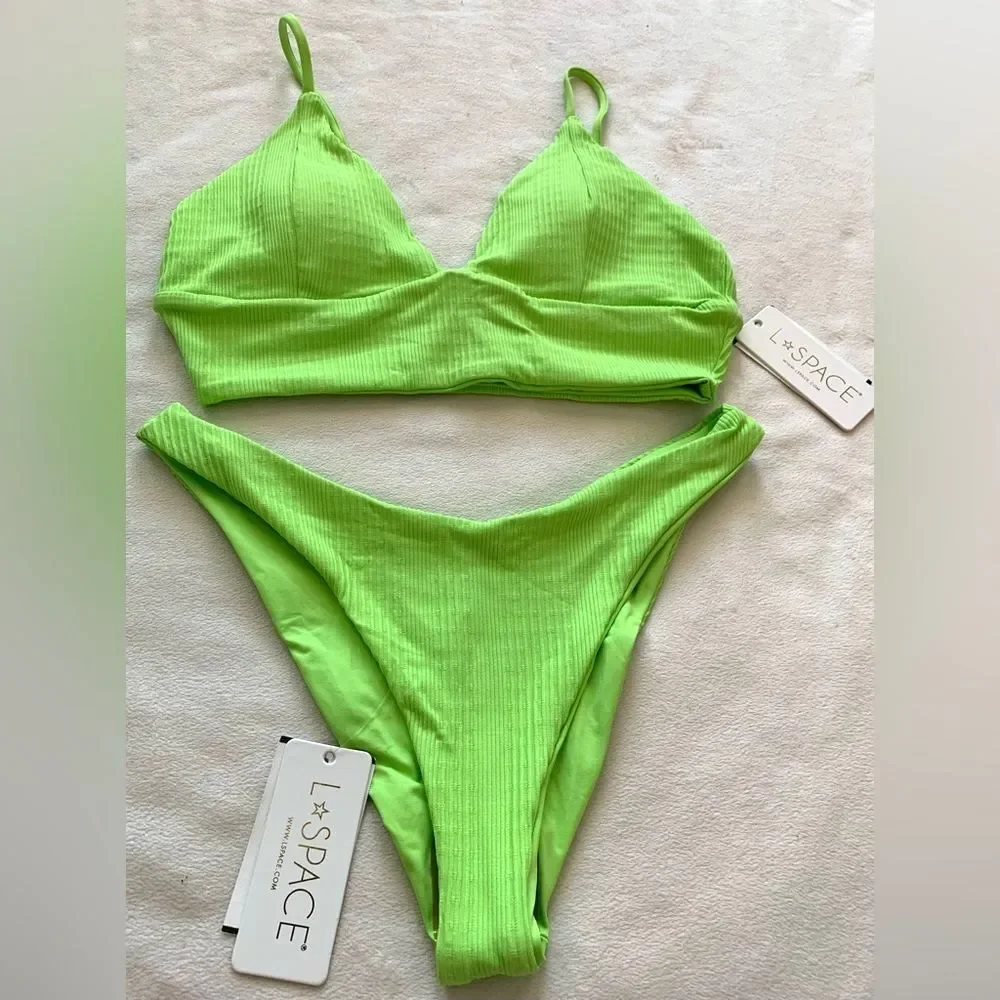 L*Space Bikini Set Winnie Rib Top & Cabana Bitsy Bottom Green Size Medium/Large
